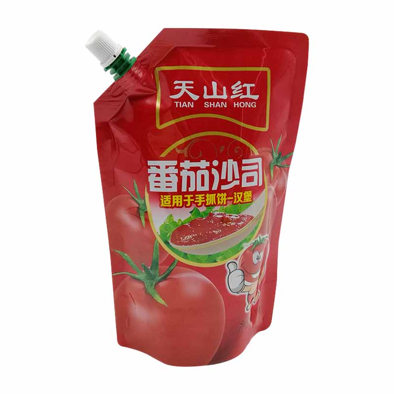 500g stand up pouch bag for tomato sauce/ketchup packaging with corner nozzle